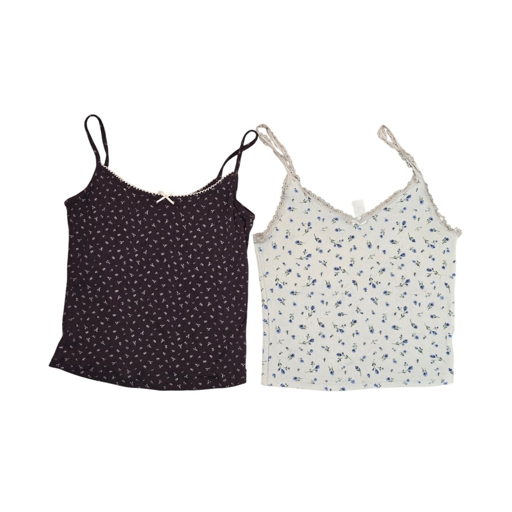 Floral Cami Tank Top Set 2 Pack Brown Blue Lace Trim Ribbed Knit Coquette Small